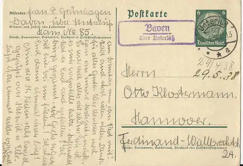 DR 1938, Landpost Stpl. Baven über Unterlüß auf 6 Pf. Ganzsache