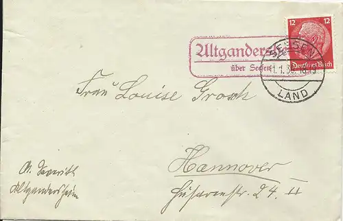 DR 1939, Landpost Stpl. Altgandersheim ü. Seesen in rot auf Brief m. 12 Pf.