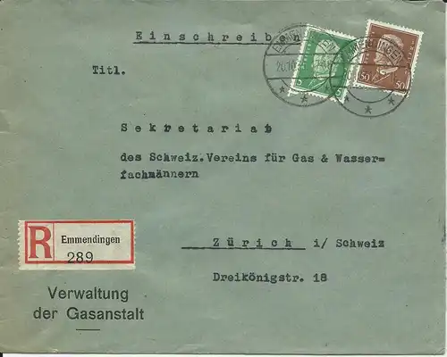 DR 1931, 5+50 Pf. auf Einschreiben Brief v. Emmendingen i.d. Schweiz