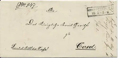 Preussen 1865, R1 Gross-Strehlitz auf Oberschlesien Brief n. Cosel