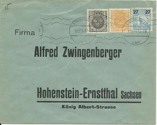 Schweden 1936, 27/55+1+2 öre auf Brief v. Stockholm n. Deutschland.