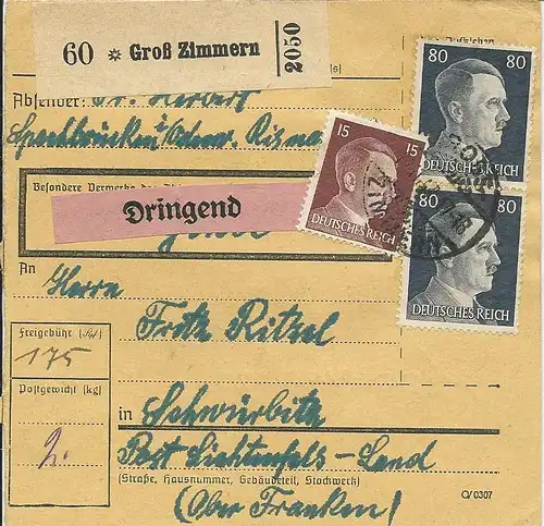 DR 1942, Groß Zimmern, Paketkarte m. DRINGEND Frankatur. 