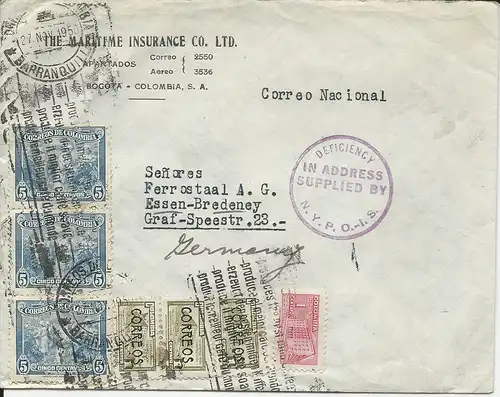 US Stempel "Deficiency In Adress Supplied by N.Y.P.O." auf Kolumbien Brief