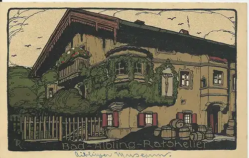 Bad Aibling, 1929 gebr. Steindruck Künstler-AK m. Bauern Wirtshaus Ratskeller 