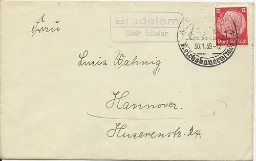 DR 1939, Bredelem über Goslar, Landpost Stempel auf Brief m. 12 Pf.