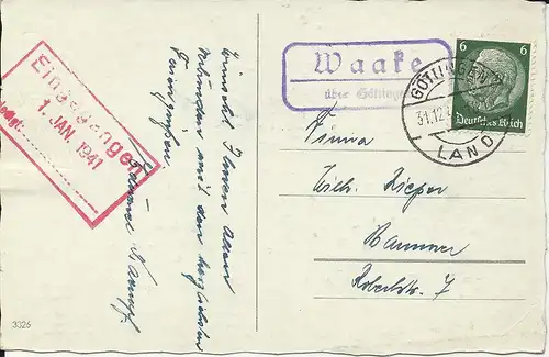 DR 1940, Waake über Göttingen, Landpost Stempel auf Neujahr AK m. 6 Pf.