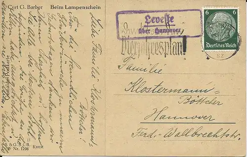 DR 1936, Leveste über Hannover, Landpost Stempel auf Karte m. 6 Pf.