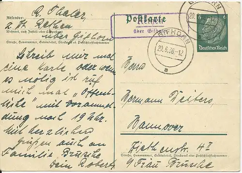 DR 1938, Rethen über Gifhorn, Landpost Stempel auf 6 Pf. Ganzsache