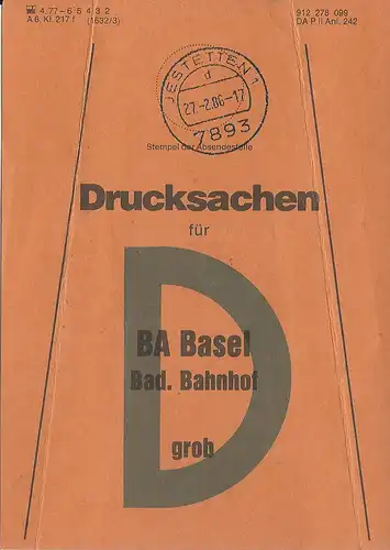 Jestetten 1, Brief Bund Fahne Drucksachen f. BA Basel Bad. Bahnhof. 