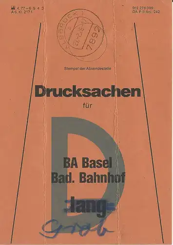 Albbruck, Brief Bund Fahne f. Drucksachen f. BA Basel Bad. Bahnhof. 