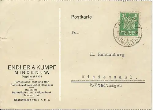 DR 1926, 5 Pf. m. perfins Firmenlochung auf Karte v. Minden
