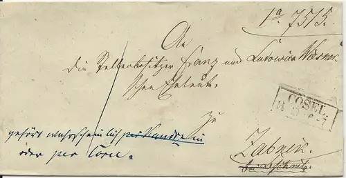 Preussen 1857, R2 Cosel auf Nachsende Porto Brief n. Zabnik. 