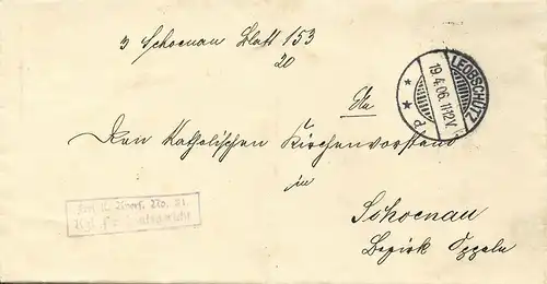 DR 1906, Frei lt. Avers 21 Brief v. Leobschütz n. Schoenau.