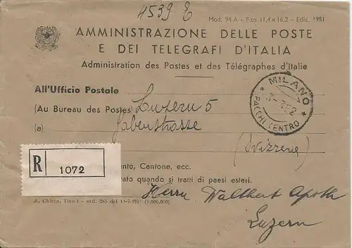 Italien 1952, portofreier Postsache Brief, Einschreiben v. Milano i.d. Schweiz