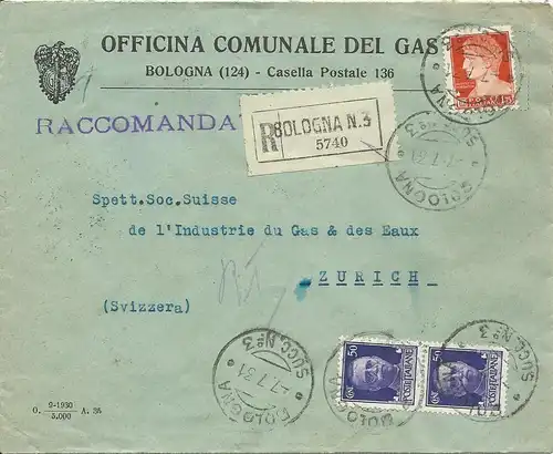 Italien 1931, kommunaler Vordruck Reko Brief m. 3 Marken v. Bologna i.d. Schweiz