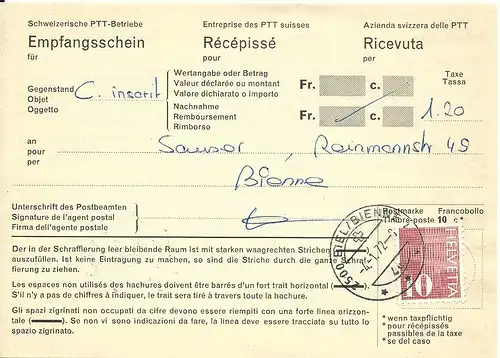 Schweiz 1972, 10 C. auf Postschein Empfangsschein, Recepisse v. Biel Bienne