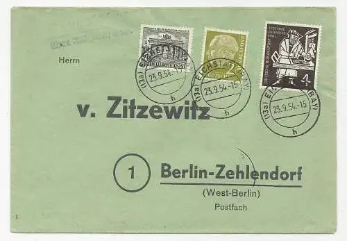 BRD 1954, Landpost Stpl. Gungolding über Eichstätt auf Brief m. 3 Marken