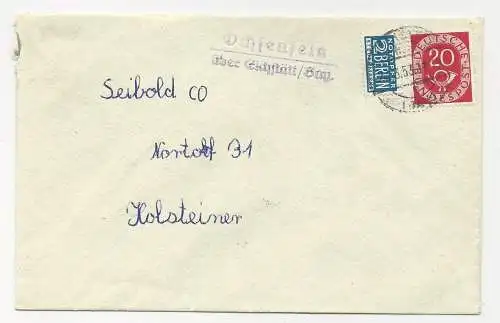 BRD 1953, Landpost Stpl. Ochsenfeld über Eichstätt auf Brief m. Notopfer+20 Pf.