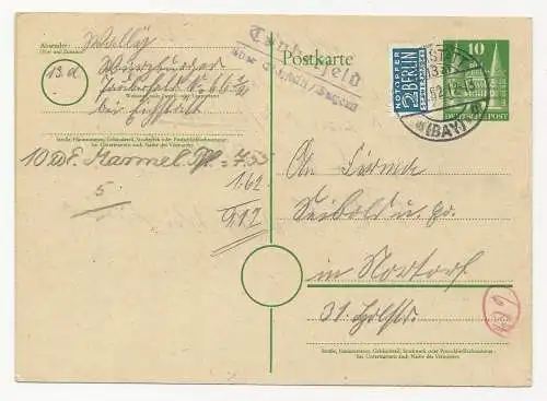 BRD 1952, Landpost Stpl. Tauberfeld über Eichstätt auf 10 Pf. Ganzsache 