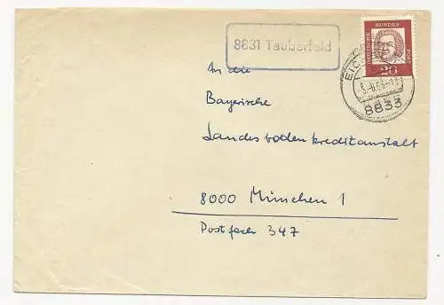 BRD 1963, Landpost Stpl. 8831 Tauberfeld auf Brief m. Stpl. Eichstätt.