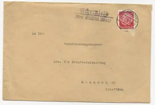 DR 1938, Landpost Stpl. Schernfeld über Eichstätt auf Brief m. 12 Pf.