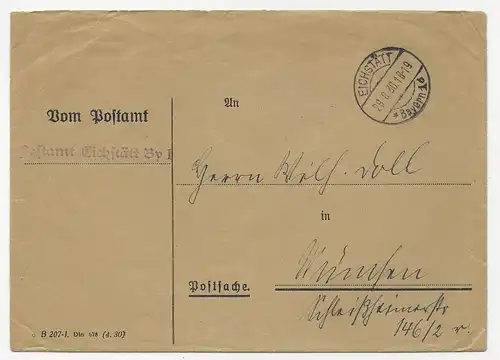 DR 1930, portofreier Postsache Brief v. Eichstätt n. München