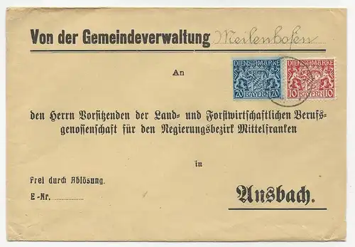 Bayern, 10+20 Pf. Dienst auf Brief der Gemeindeverw. Meilenhofen n. Ansbach.