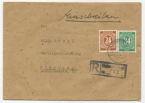 1946, 24+84 Pf. auf Brief m. Einschreiben Stpl. v. Eichstätt.
