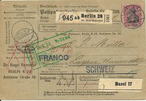 DR 1913, EF 80 Pf. Germania m. WZ auf Paketkarte v. Berlin i.d. Schweiz.