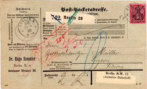 DR Nr. 77, EF 80 Pf. Germania ohne WZ auf Paketkarte v. Berlin i.d. Schweiz.