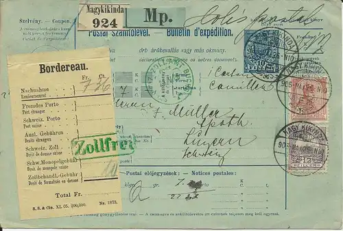 Ungarn 1906, 12 F.+1 Kr. auf 10 F. Paket Ganzsache v. Nagykikinda i.d. Schweiz