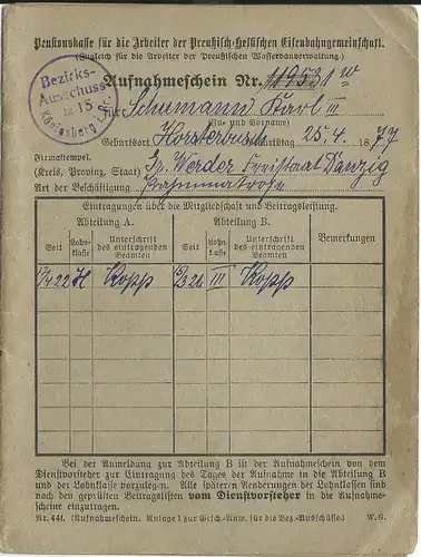 DR 1926, Aufnahmeform. Pr.-Hess. Eisenbahn Gemeinsch. m. Cachetstpl. Königsberg