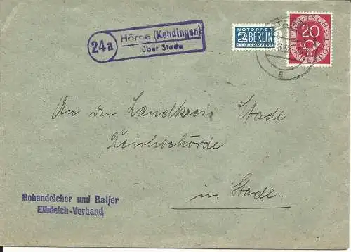 BRD, 24a Hörne (Kehdingen) über Stade, Landpoststellen Stpl. auf Brief m. 20 Pf.