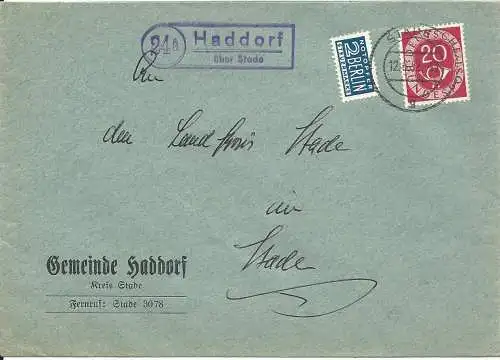 BRD 1952, 24a Haddorf über Stade, Landpoststellen Stpl. auf Brief m. 20 Pf.