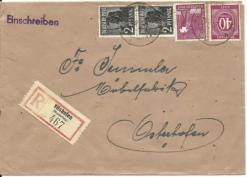 1947, Einschreiben Brief v. Vilshofen n. Osterhofen m. 4 Werten.