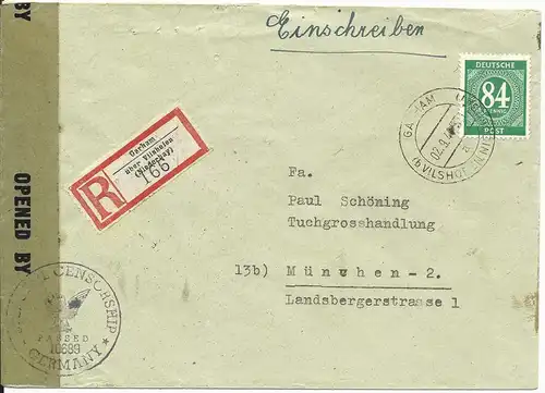 1946, EF 84 Pf. auf Einschreiben Zensur Brief v. Garham über Vilshofen