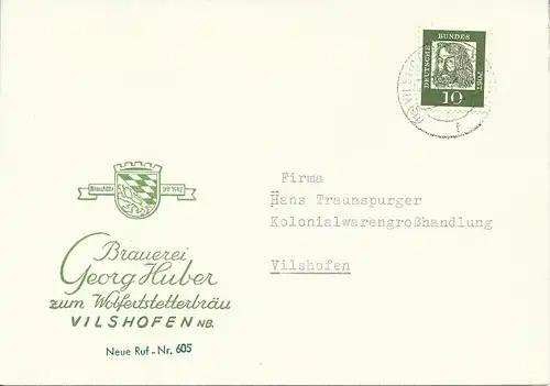 BRD, 10 Pf. auf Reklame Brief d. Brauerei G. Huber Vilshofen