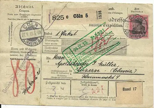 DR 1913, EF 80 Pf. auf Paketkarte v. Köln i.d. Schweiz