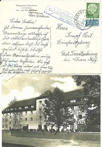 BRD 1955, Landpost Stpl.Schönbrunn über Dachau auf sw-Foto AK. 