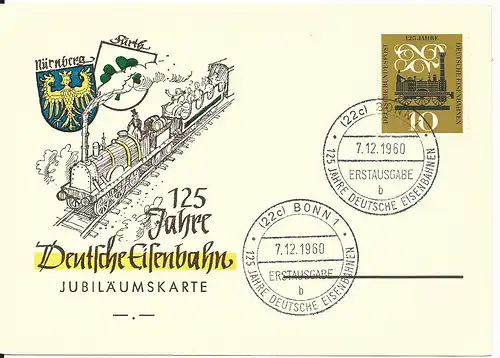 BRD 1960, 125 jahre Dt. Eisenbahn, illustrierte Jubiläums FDC Karte