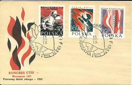 Polen 1957, Int. Kongress Kampf gegen das Feuer, FDC m. 3 Werten komplett.