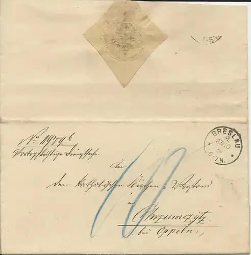 DR 1884, K1 Breslau auf Portopflichtige Dienstsache Brief m. Porto "10" Pf.