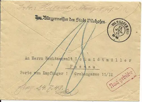 DR 1943, Reserve Stpl. Vilshofen auf Bürgermeister Brief n. Passau. Nachporto