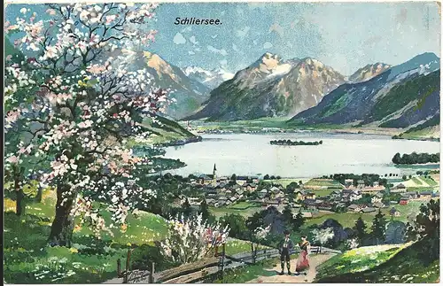 Schliersee, 1925 v. Neuhaus gebr. Farb AK m. Maxlrainer Alm-Stempel.