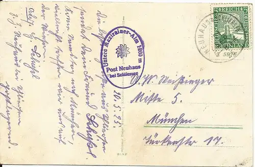 Schliersee, 1925 v. Neuhaus gebr. Farb AK m. Maxlrainer Alm-Stempel.