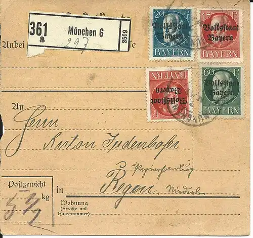 Bayern 1919, 4 Werte Volksstaat auf Paketkarte v. München 6 n. Regen.