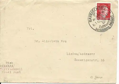 DR 1944, Gemse im Stpl. v. Bayrischzell auf Brief m. 12 Pf.