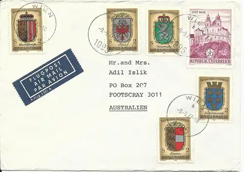 Österreich 1977, 20 S.+5x2 S. Wappen auf Luftpost Brief v. Wien n. Australien.