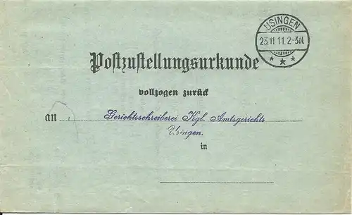DR 1911, Post Zustellungsurkunde m. Stempel USINGEN