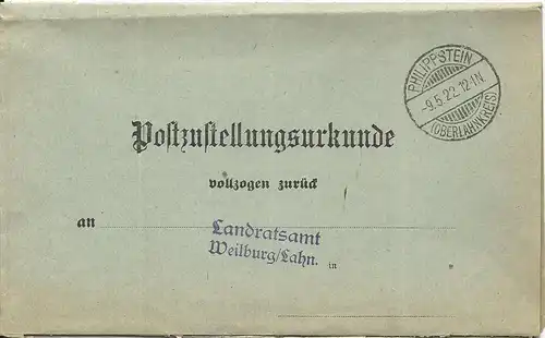 DR 1922, Post Zustellungsurkunde m. Stempel Philippstein (Oberlahnkreis)